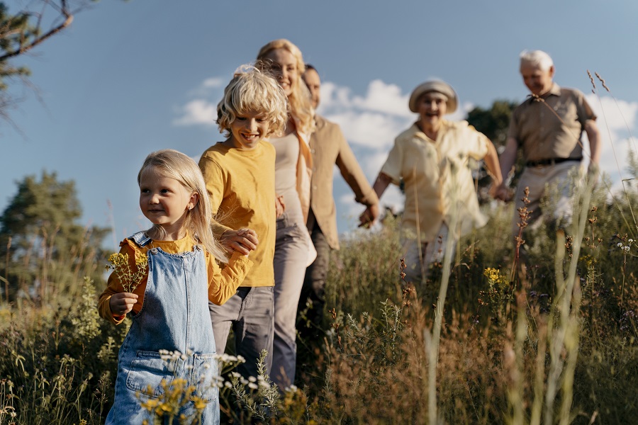 Дети, родители, бабушка и дедушка на поляне